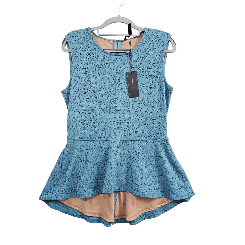 BCBGMAXAZRIA Lyna Peplum Top Womens Medium Bluebreeze Lace Sleeveless High‎ Low